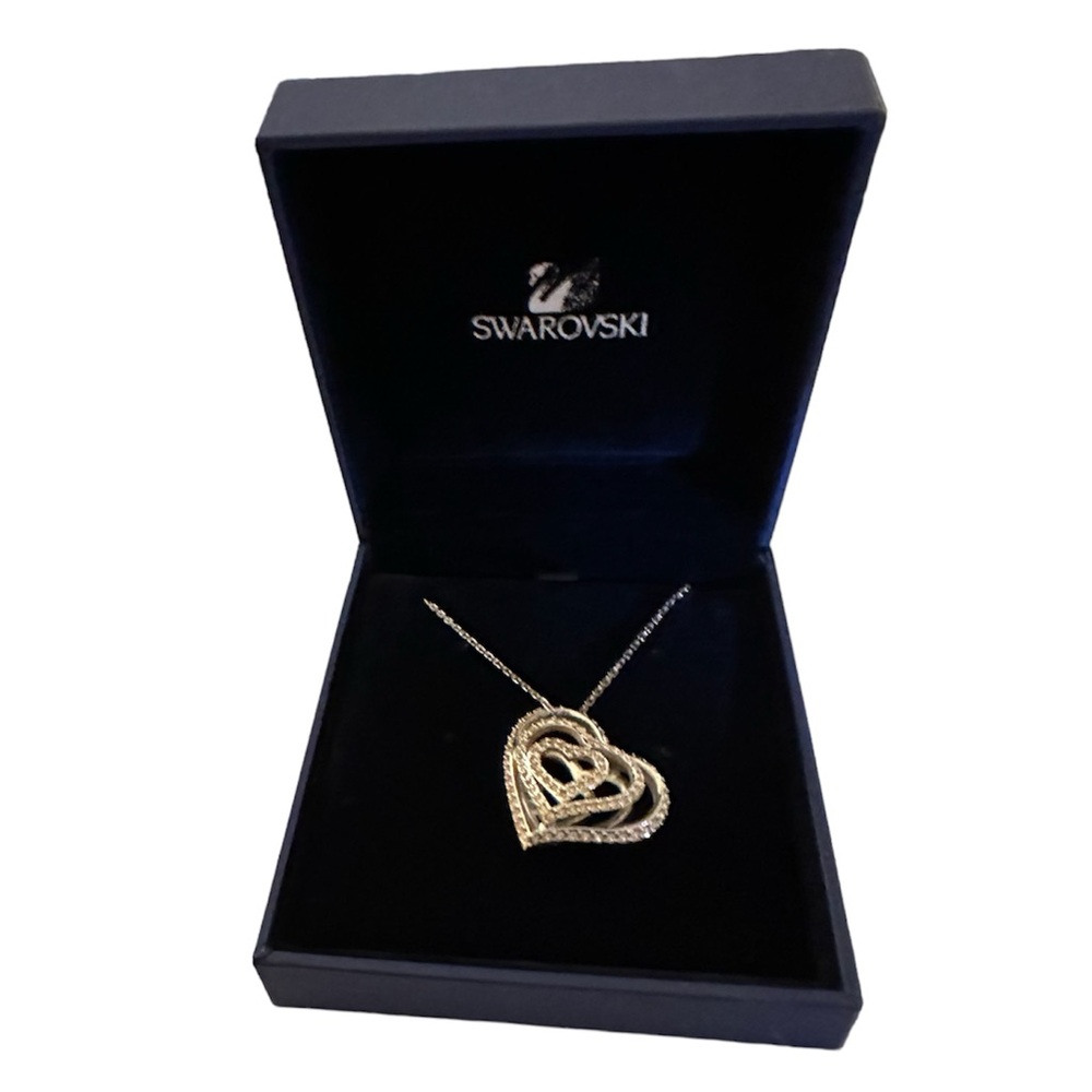 Swarovski Swan Necklace Double Sided Floating Heart Black and Clear Crystals - Picture 6 of 6
